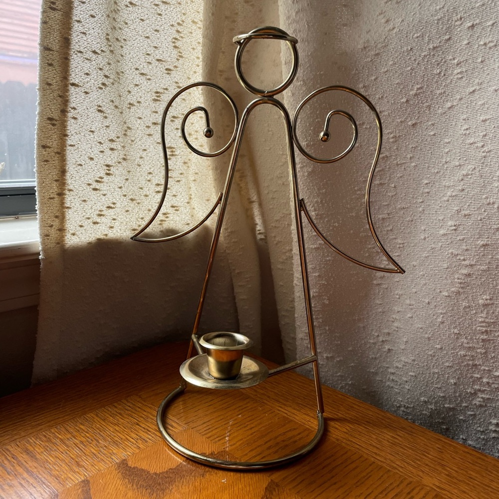 Gold Brass Tone Metal Wire Angel Candle Holder Stand Wall Hanging Christmas